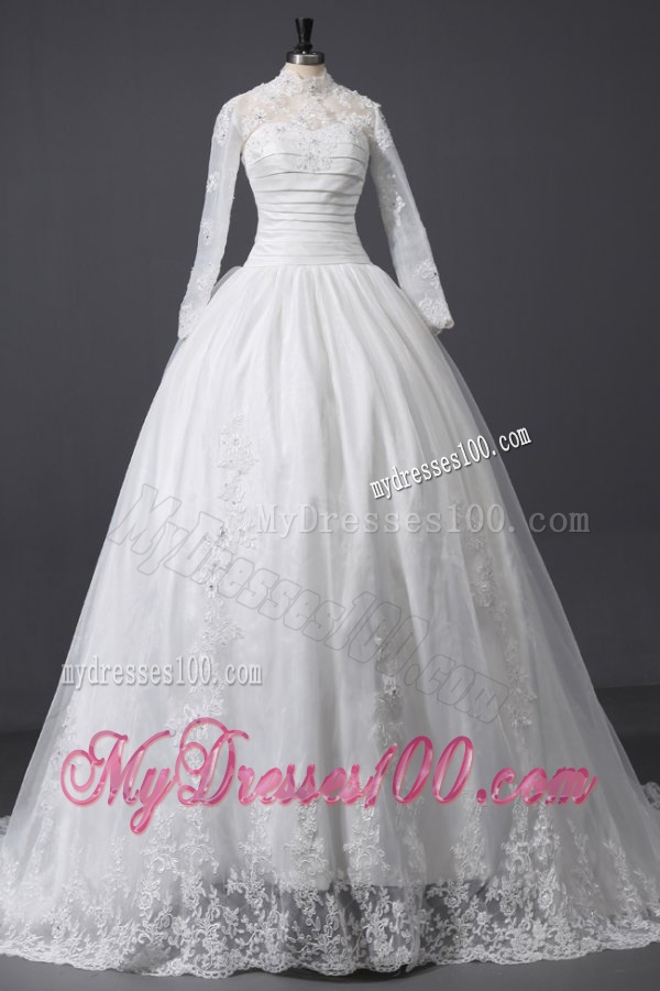 A-Line High Neck Organza Wedding Dress with Chapel Train with Appliques