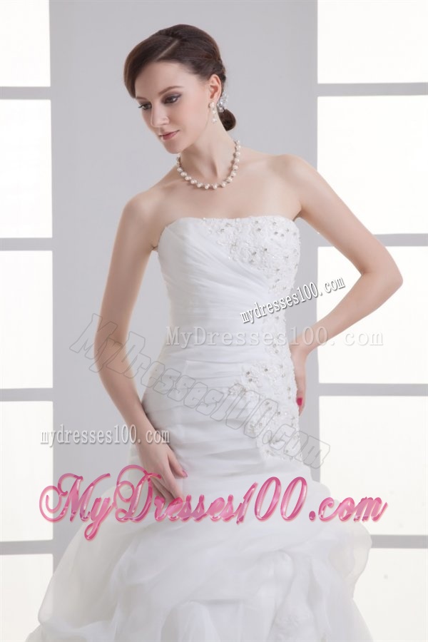 A-line Strapless Hand Made Flowers Pick-ups Appliques Wedding Dress