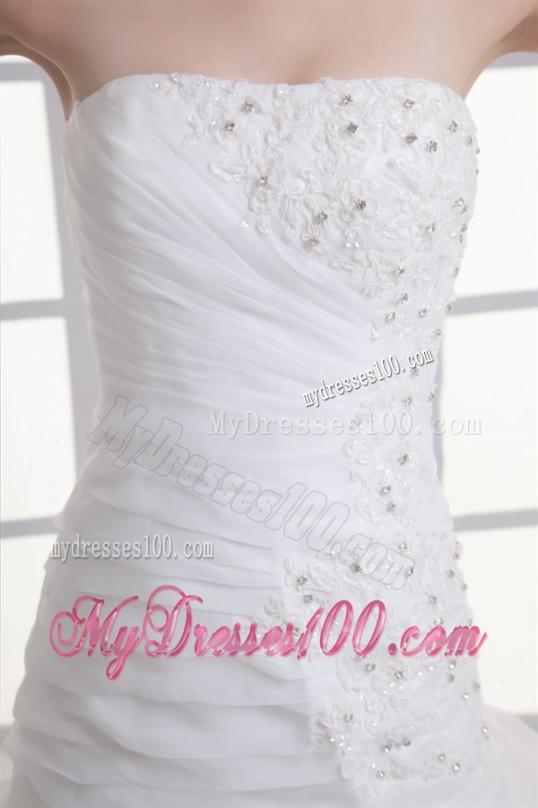 A-line Strapless Hand Made Flowers Pick-ups Appliques Wedding Dress