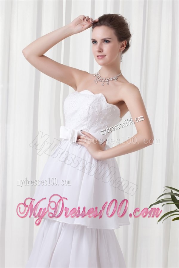 A-line Strapless Ruffled Layers Belt Brush Train Wedding Dress