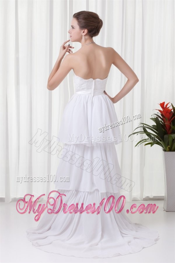 A-line Strapless Ruffled Layers Belt Brush Train Wedding Dress