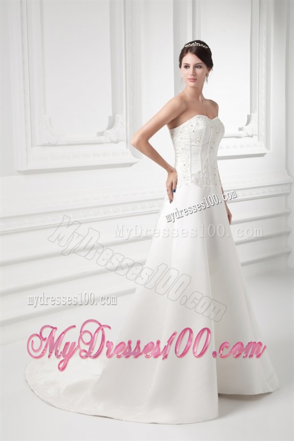 A-line Sweetheart Appliques Satin Court Train Wedding Dress