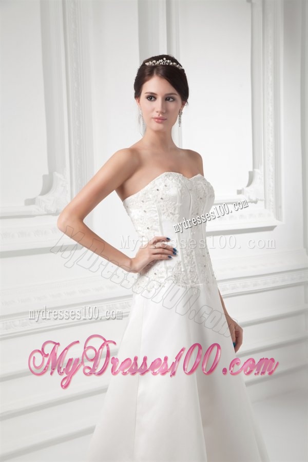A-line Sweetheart Appliques Satin Court Train Wedding Dress
