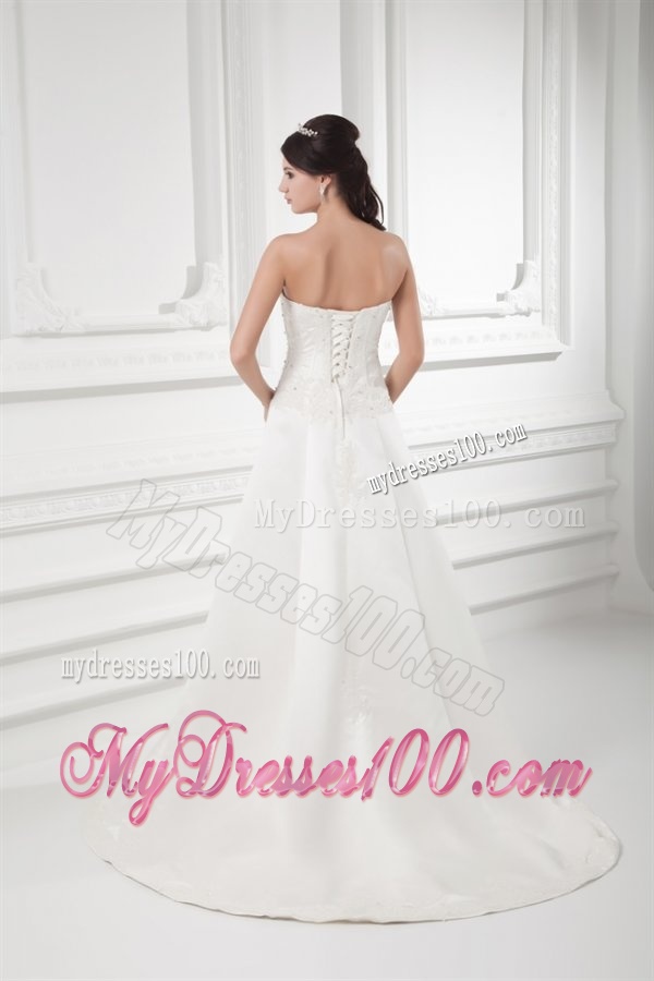 A-line Sweetheart Appliques Satin Court Train Wedding Dress