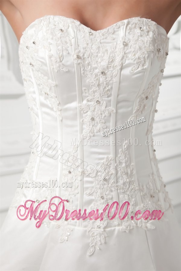 A-line Sweetheart Appliques Satin Court Train Wedding Dress