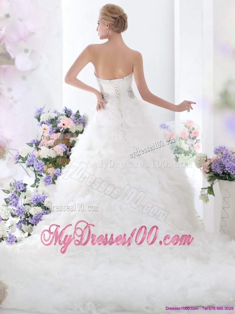 Beading Sweetheart White Bridal Gown with Ruffles and Brush Train