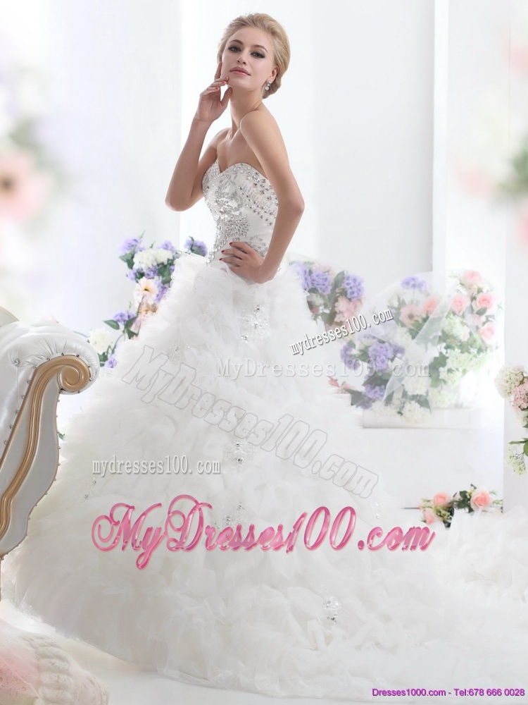 Beading Sweetheart White Bridal Gown with Ruffles and Brush Train