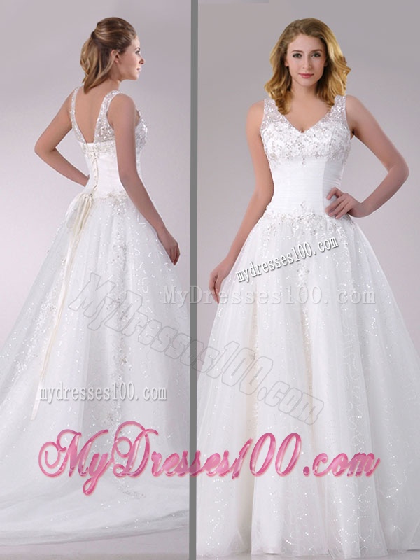 Beautiful A Line V Neck Court Train Bridal Dress with Beading and Sequins