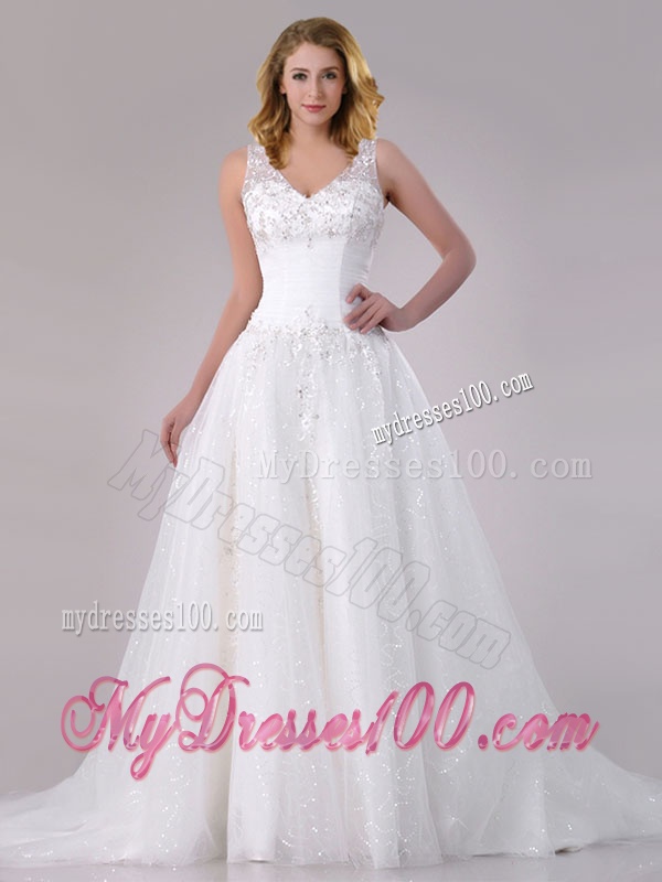 Beautiful A Line V Neck Court Train Bridal Dress with Beading and Sequins