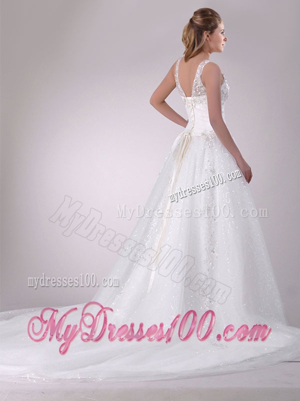 Beautiful A Line V Neck Court Train Bridal Dress with Beading and Sequins