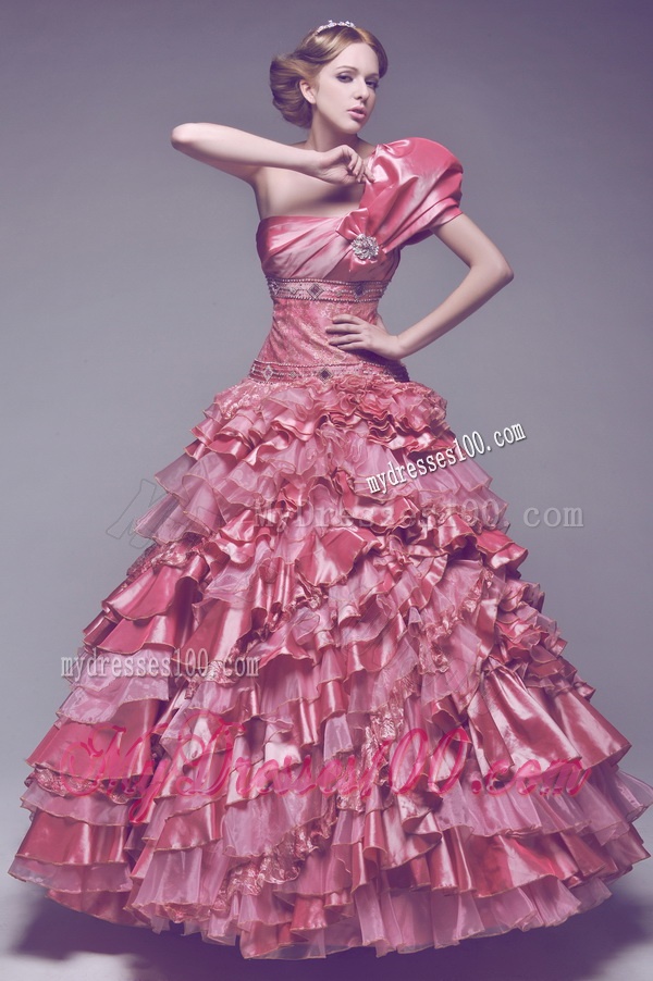 Beautiful One Shoulder Rose Pink Wedding Dresses with Beading and Ruffles