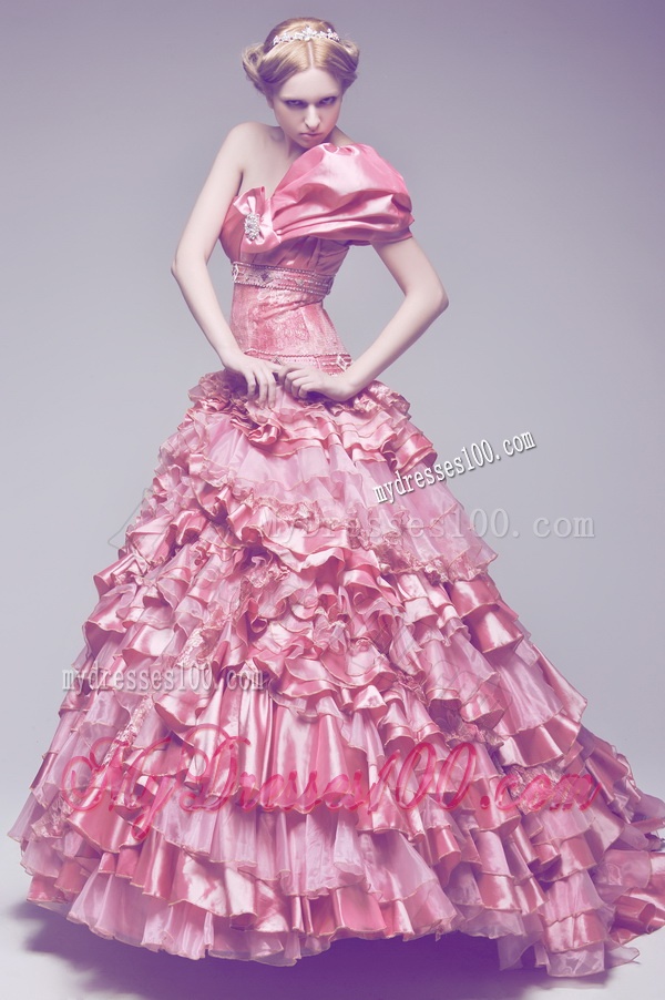 Beautiful One Shoulder Rose Pink Wedding Dresses with Beading and Ruffles