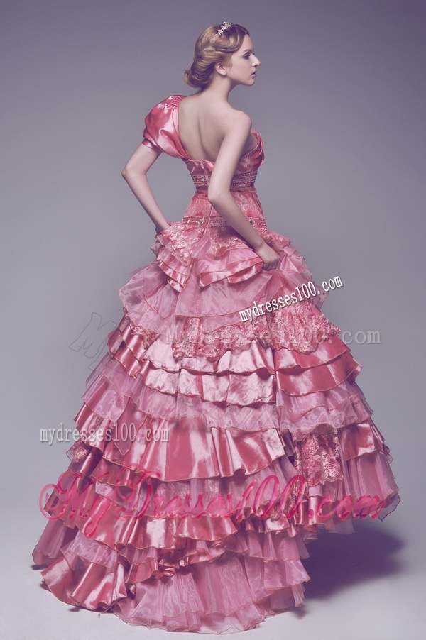 Beautiful One Shoulder Rose Pink Wedding Dresses with Beading and Ruffles
