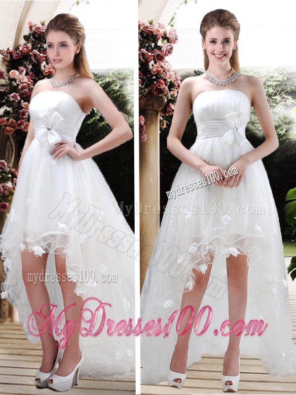 Beautiful Strapless High Low Wedding Dresses with Appliques and Belt