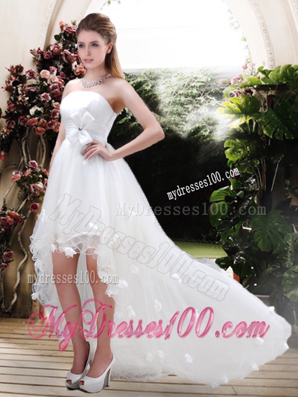 Beautiful Strapless High Low Wedding Dresses with Appliques and Belt