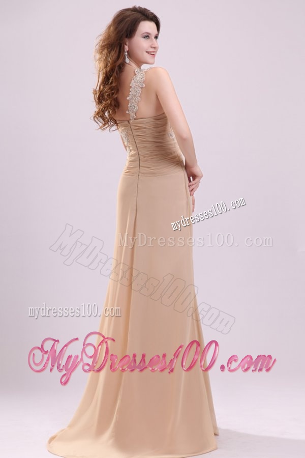 Champagne One Shoulder Appliques and High Silt Wedding Dress