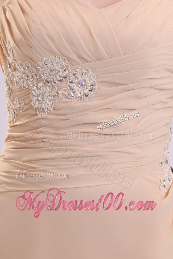 Champagne One Shoulder Appliques and High Silt Wedding Dress