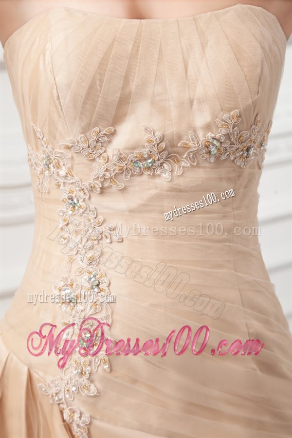 Champagne Strapless Court Train Wedding Dress with Embroidery and Pick-ups