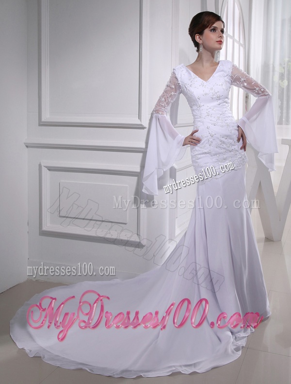 Cheap Column V-neck Lace Chiffon Wedding Dress With Long Sleeves