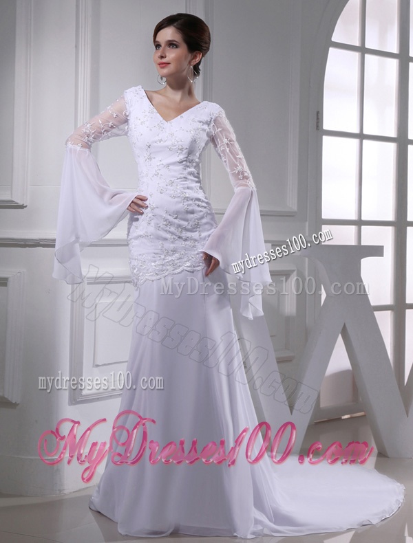 Cheap Column V-neck Lace Chiffon Wedding Dress With Long Sleeves