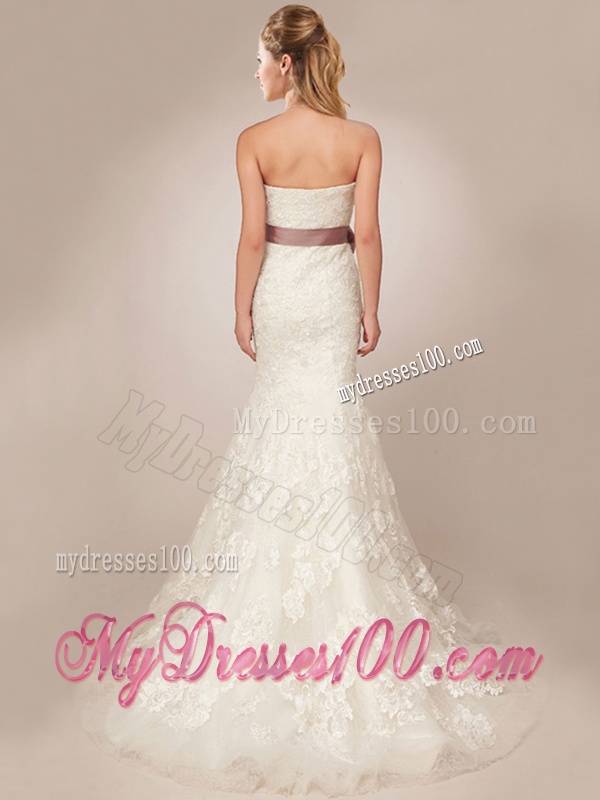 Classical Mermaid Strapless Side Zipper Wedding Dresses with Lace and Sashes