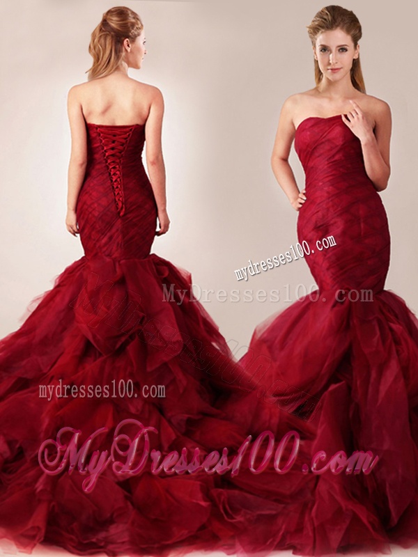 Classical Mermaid Sweetheart Tulle Ruffles Wedding Dresses in Wine Red