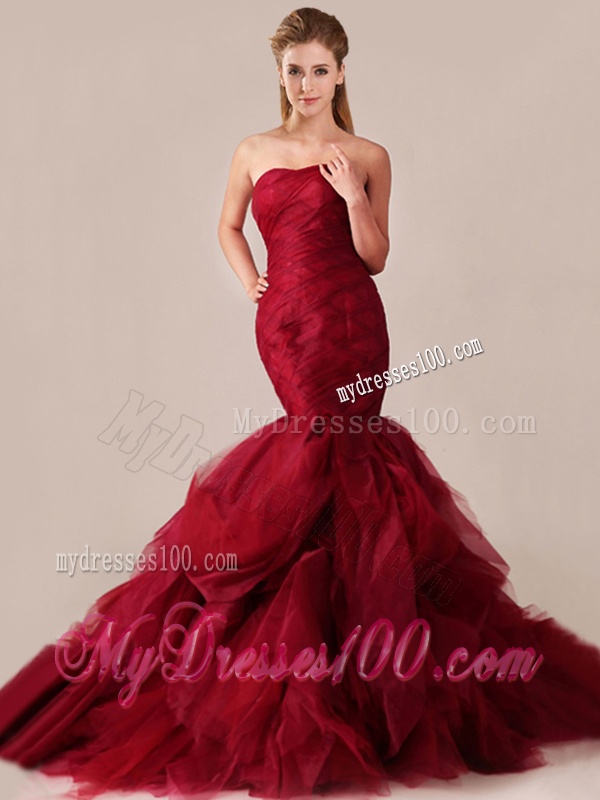 Classical Mermaid Sweetheart Tulle Ruffles Wedding Dresses in Wine Red
