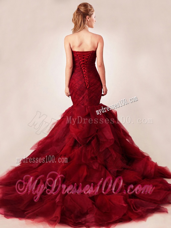 Classical Mermaid Sweetheart Tulle Ruffles Wedding Dresses in Wine Red