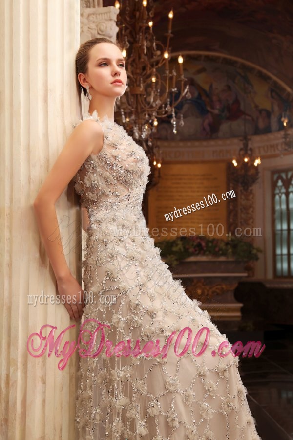 Column Bateau Beading Brush Train Tulle Wedding Dress with Zipper Up
