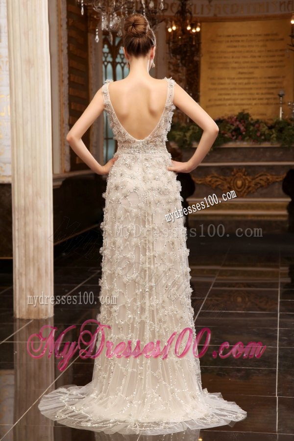 Column Bateau Beading Brush Train Tulle Wedding Dress with Zipper Up