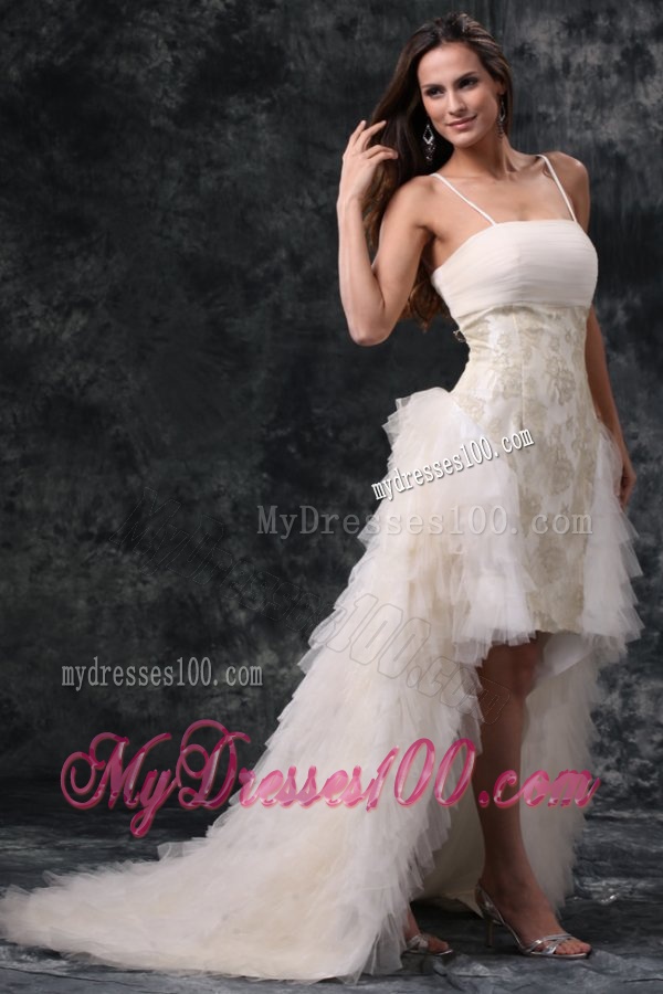 Column Straps High-low Beading Tulle Wedding Dress