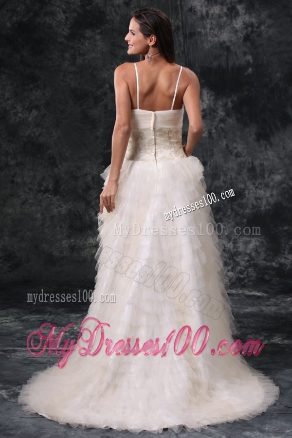 Column Straps High-low Beading Tulle Wedding Dress