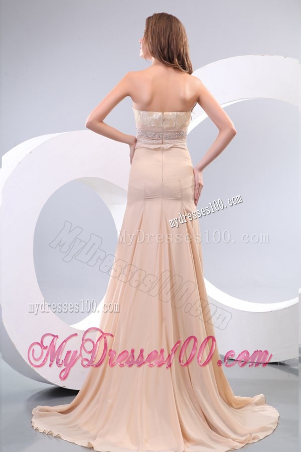 Column Sweetheart Beading Ruching Champagne Wedding Dress