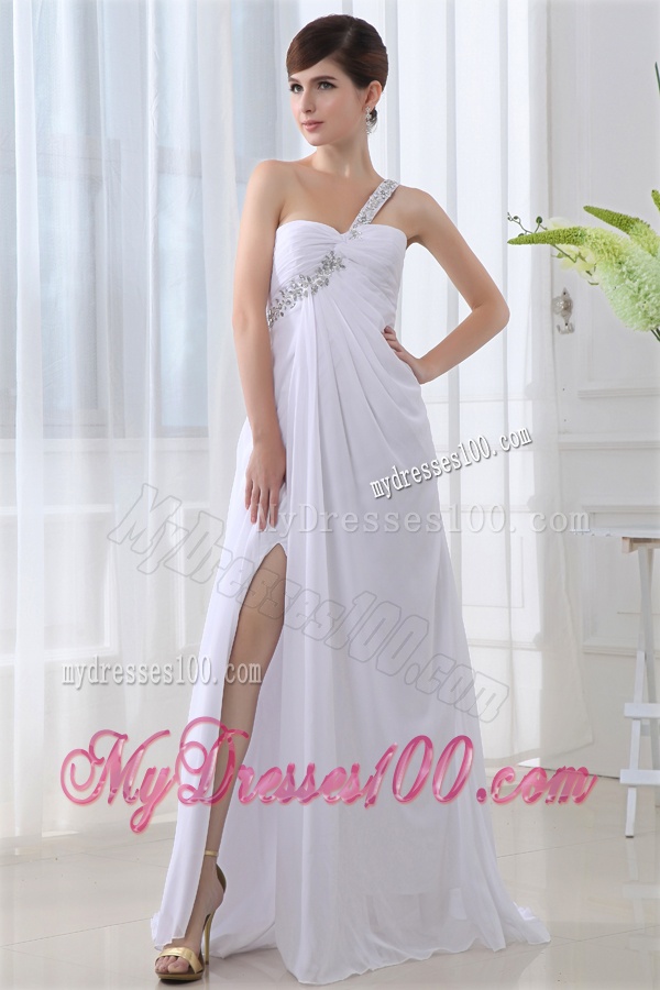 Elegant Empire One Shoulder Ruching Appliques High Slit Brush Train Wedding Dress