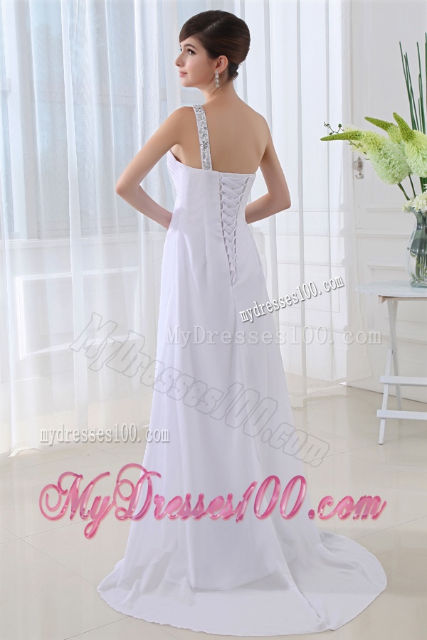 Elegant Empire One Shoulder Ruching Appliques High Slit Brush Train Wedding Dress