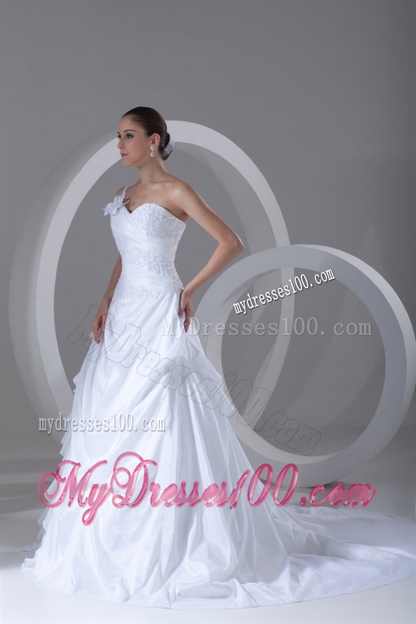Exquisite Ball Gown One Shoulder Court Train Lace Taffeta Wedding Dress