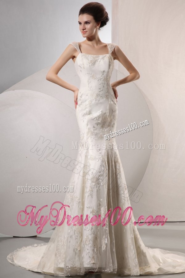 Exquisite Wide Straps Mermaid Lace Court Train Wedding Dress