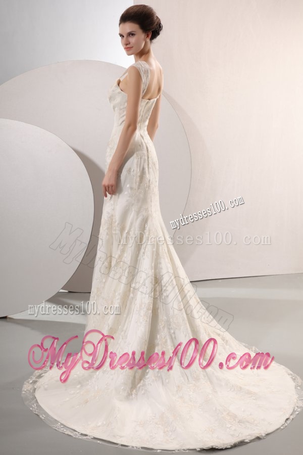 Exquisite Wide Straps Mermaid Lace Court Train Wedding Dress