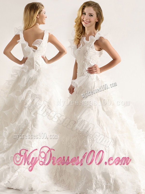 Fashionable Applique and Ruffled Layers Wedding Dresses with Deep V Neck