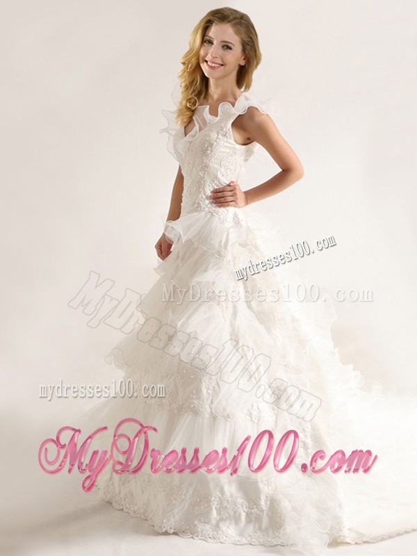Fashionable Applique and Ruffled Layers Wedding Dresses with Deep V Neck