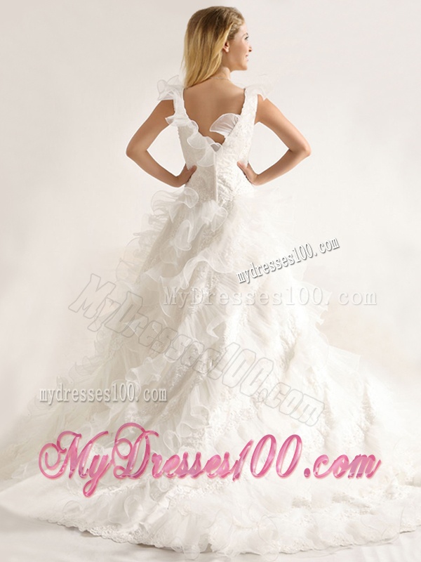 Fashionable Applique and Ruffled Layers Wedding Dresses with Deep V Neck