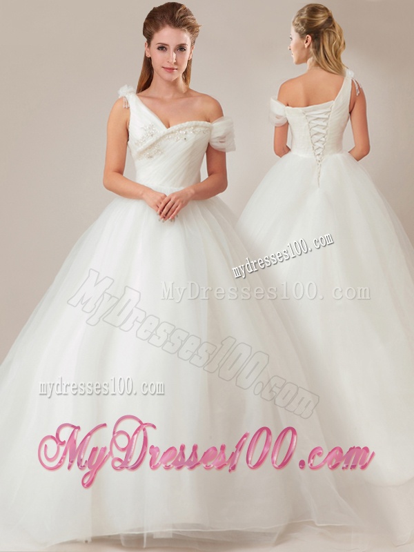 Fashionable Asymmetrical Wedding Dresses with Beading and Ruching