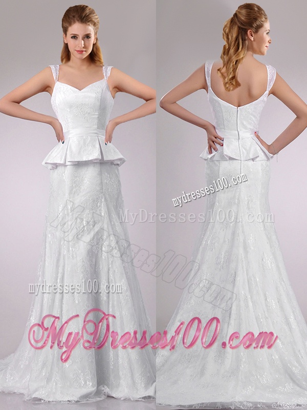 Fashionable Column V Neck Court Train Bridal Dress in Lace