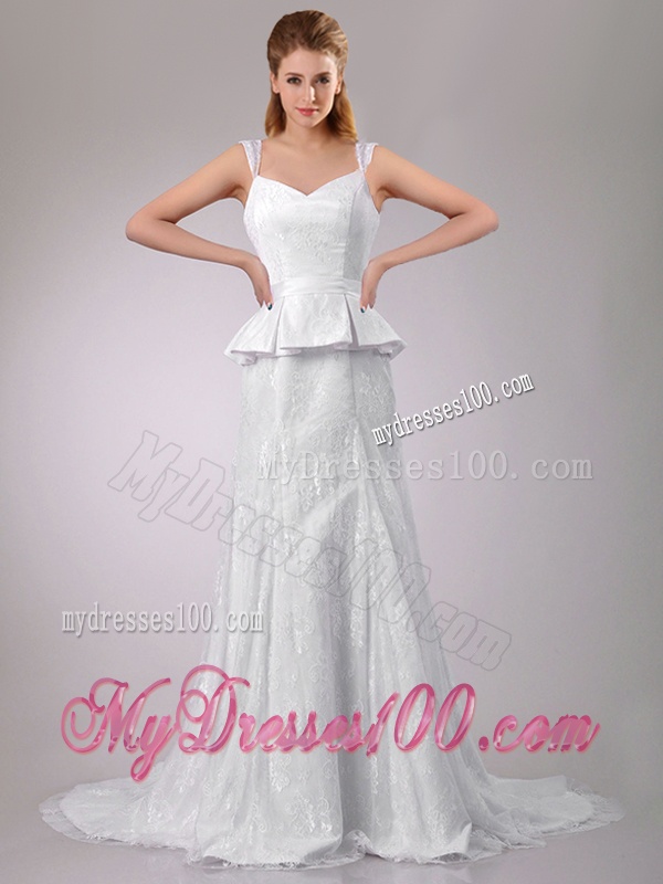 Fashionable Column V Neck Court Train Bridal Dress in Lace