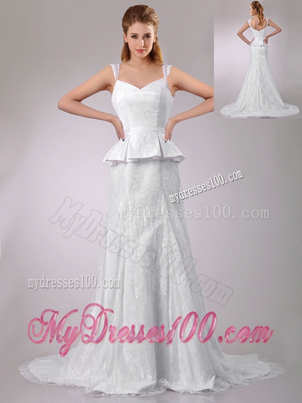 Fashionable Column V Neck Court Train Bridal Dress in Lace