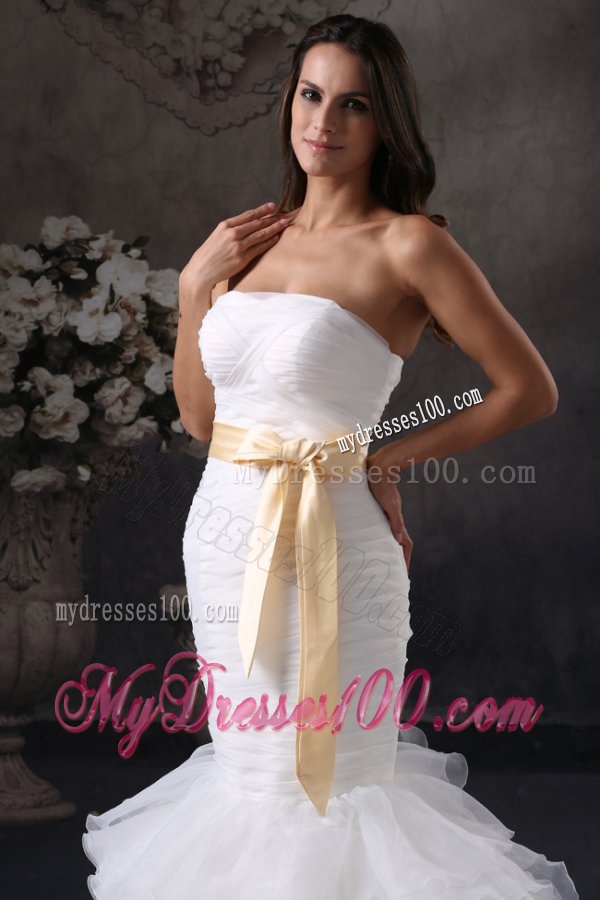 Luxurious Mermaid Strapless Ruching and Sash Court Train Organza Wedding Dress
