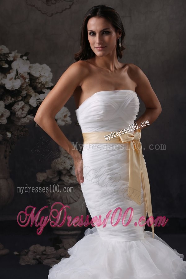 Luxurious Mermaid Strapless Ruching and Sash Court Train Organza Wedding Dress