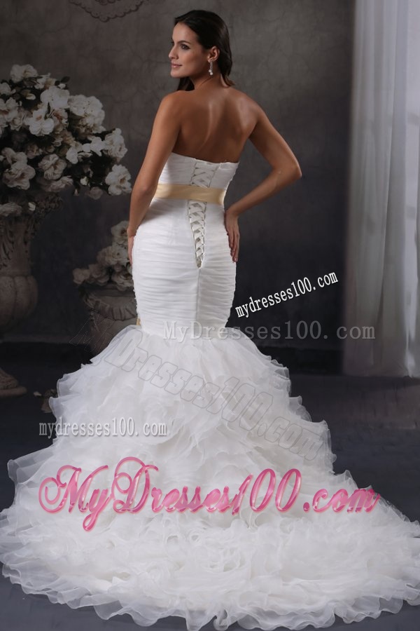 Luxurious Mermaid Strapless Ruching and Sash Court Train Organza Wedding Dress