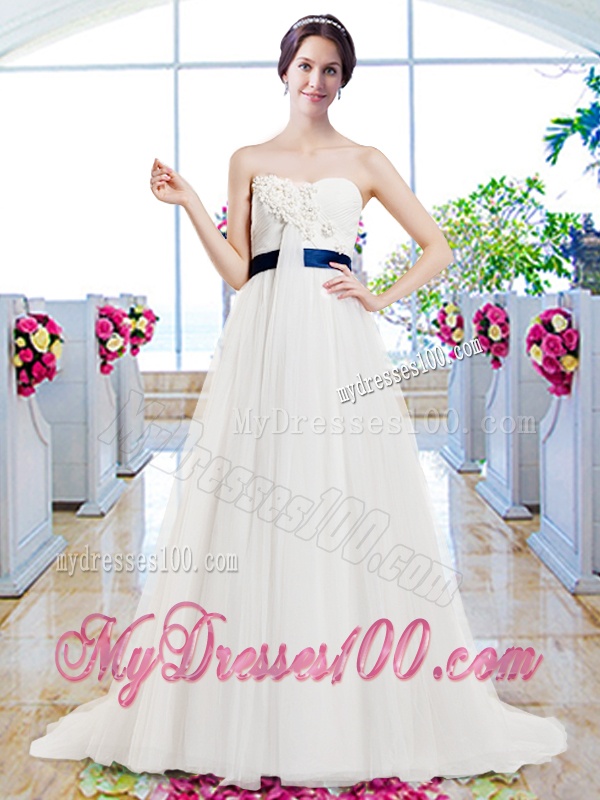 Modest Brush Train Wedding Dresses with Belt and Appliques