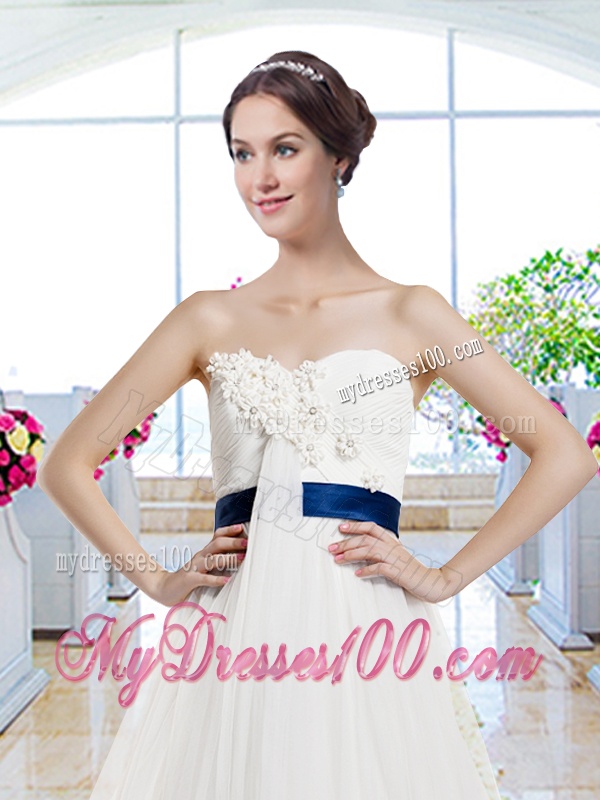 Modest Brush Train Wedding Dresses with Belt and Appliques